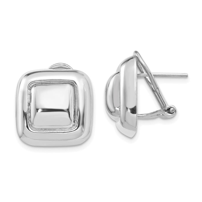 Million Charms 14k White Gold Polished Square Button Omega Back Post Earrings, 17mm x 16mm