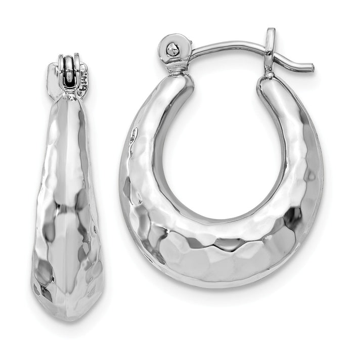 Million Charms 14k White Gold Hammered Hoop Earrings, 9mm x 5mm