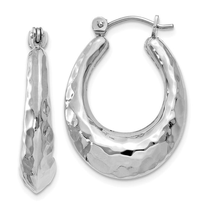 Million Charms 14k White Gold Polished Hammered Hoop Earrings, 11mm x 6mm