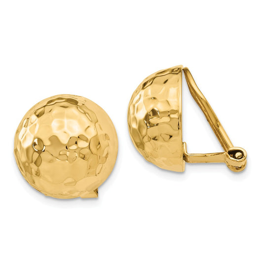 Million Charms 14k Yellow Gold Omega Clip 14mm Hammered Non-pierced Earrings, 14mm x 14mm