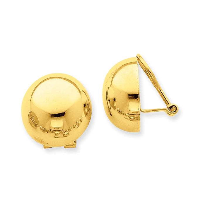 Million Charms 14k Yellow Gold Omega Clip 16mm Half Ball Non-pierced Earrings, 16mm x 16mm
