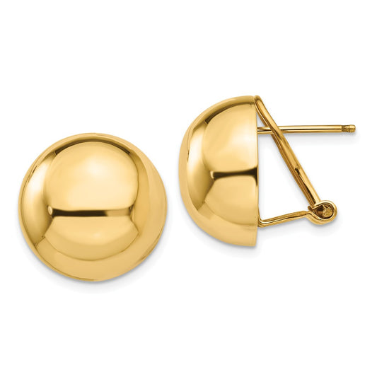 Million Charms 14k Yellow Gold Omega Clip 16mm Half Ball Earrings, 16mm x 16mm