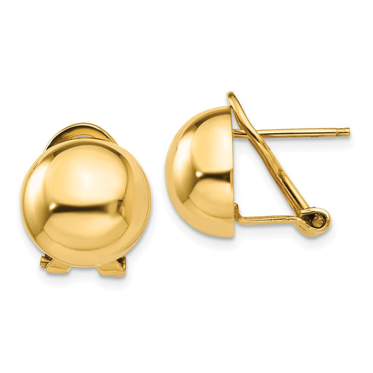Million Charms 14k Yellow Gold Omega Clip 12mm Half Ball Earrings, 12mm x 12mm