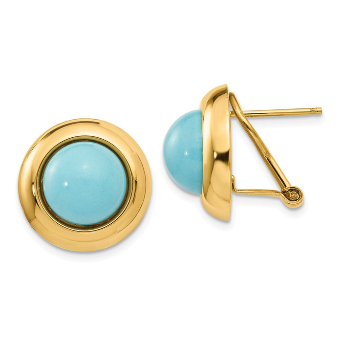 Million Charms 14k Yellow Gold Omega Clip Reconstituted Turquoise Earrings, 17mm x 17mm