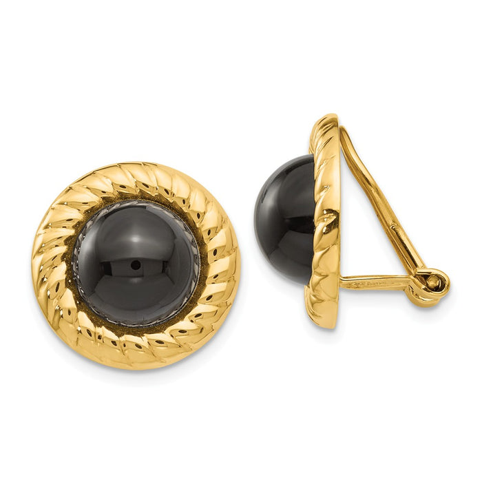 Million Charms 14k Yellow Gold Omega Clip Non-Pierced Onyx Earrings, 17mm x 17mm