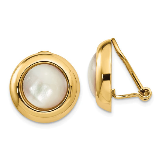 Million Charms 14k Yellow Gold Omega Clip MOP Non-pierced Earrings, 16mm x 16mm
