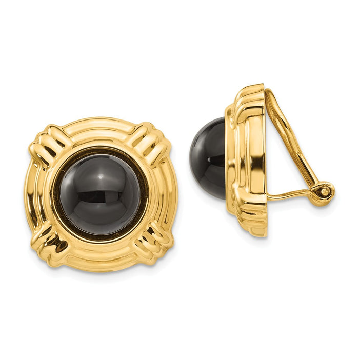 Million Charms 14k Yellow Gold Omega Clip Onyx Non-pierced Earrings, 19mm x 18mm