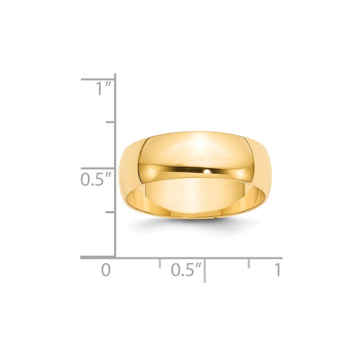 14k Yellow Gold 7mm LTW Half Round Wedding Band Size 8