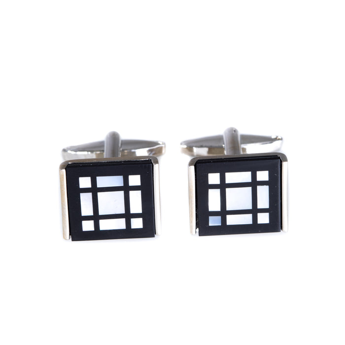 Occasion Gallery Silver Color Rhodium Plated Cufflinks with Black 'Onyx' and Mother of Pearl  Square Design. 0.75 L x 0.75 W x 1 H in.