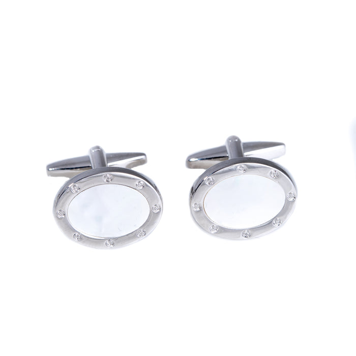 Occasion Gallery White Color Rhodium Plated Cufflinks in Oval  Design with Mother of Pearl. 0.75 L x 0.5 W x 1 H in.