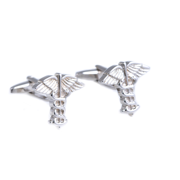 Occasion Gallery Silver Color Rhodium Plated Cufflinks with  Caduceus Design. 0.75 L x 0.75 W x 1 H in.