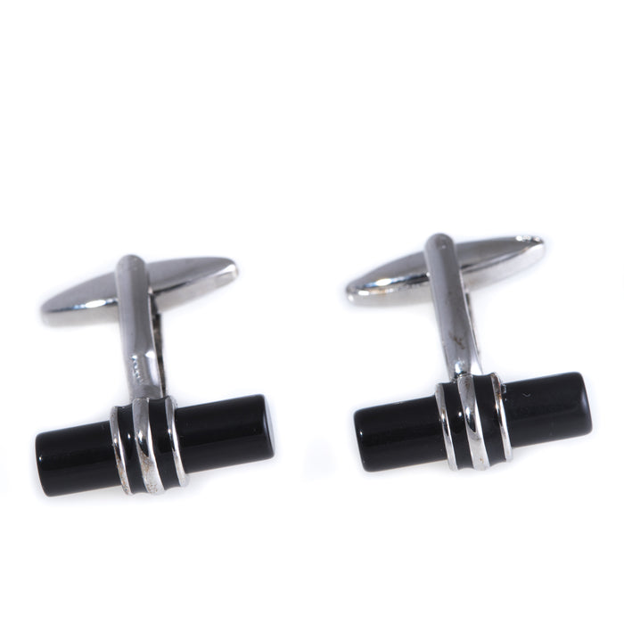 Occasion Gallery Silver Color Rhodium Plated Round "Black" Bar Cufflinks.  0.75 L x 0.5 W x 1 H in.