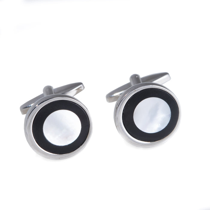 Occasion Gallery Black Color Rhodium Plated Round Cufflinks with "Black Onyx & Mother of Pearl". 0.75 L x 0.5 W x 1 H in.