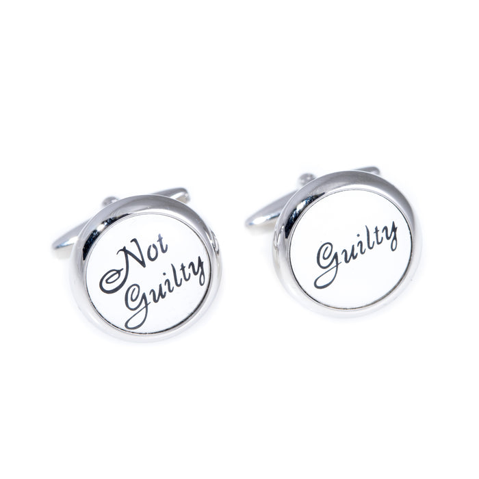 Occasion Gallery Silver Color Rhodium Plated Round "Guilty & Not Guilty" Cufflinks. 0.5 L x 0.5 W x 1 H in.