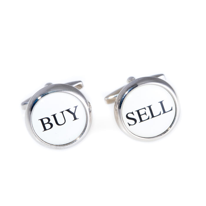 Occasion Gallery Silver Color Rhodium Plated Round "Buy & Sell" Cufflinks. 0.5 L x 0.5 W x 1 H in.