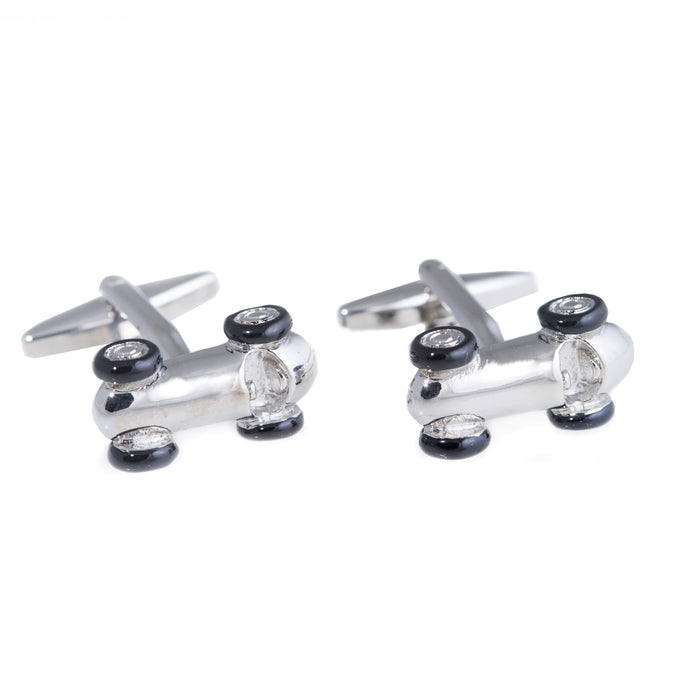 Occasion Gallery Silver Color Rhodium Plated Race Car Design Cufflinks with Black Enamel Accents. 0.75 L x 0.5 W x 1 H in.