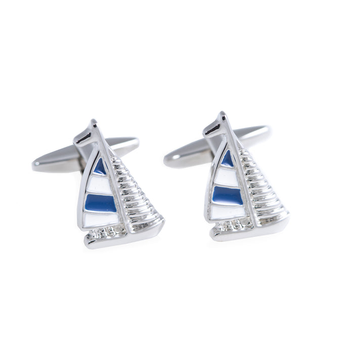 Occasion Gallery Silver Color Rhodium Plated Blue & White Sail Boat Design Cufflinks. 0.75 L x 0.75 W x 1 H in.