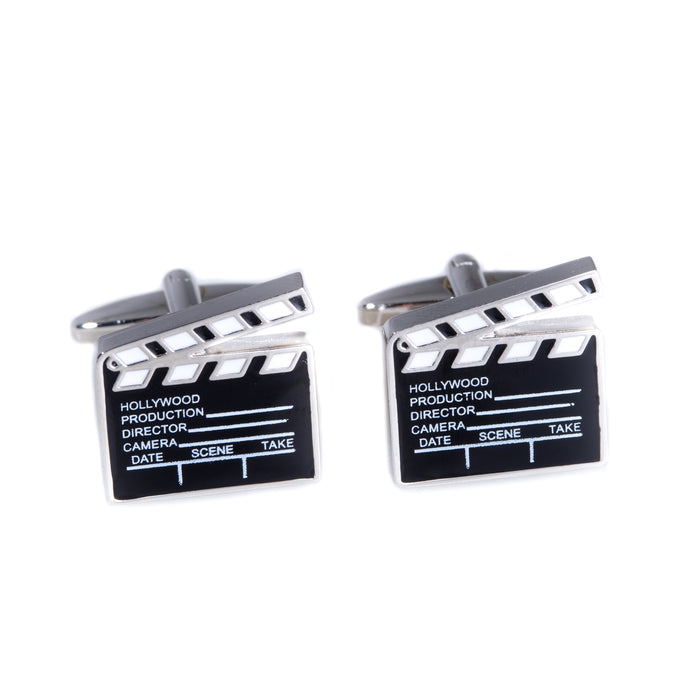 Occasion Gallery Black Color Rhodium Plated Movie Clapper Board Cufflinks with Black & White Enamel Accents. 0.75 L x 0.5 W x 1 H in.