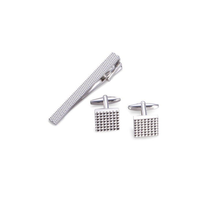 Occasion Gallery Silver Color Rhodium Plated Checkered Design Cufflinks & Tie Pin Set. 0.5 L x 0.5 W x 1 H in.