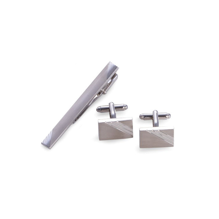 Occasion Gallery Silver Color Rhodium Plated Satin Finish and Striped Design Cufflinks & Tie Pin Set. 0.75 L x 0.5 W x 1 H in.
