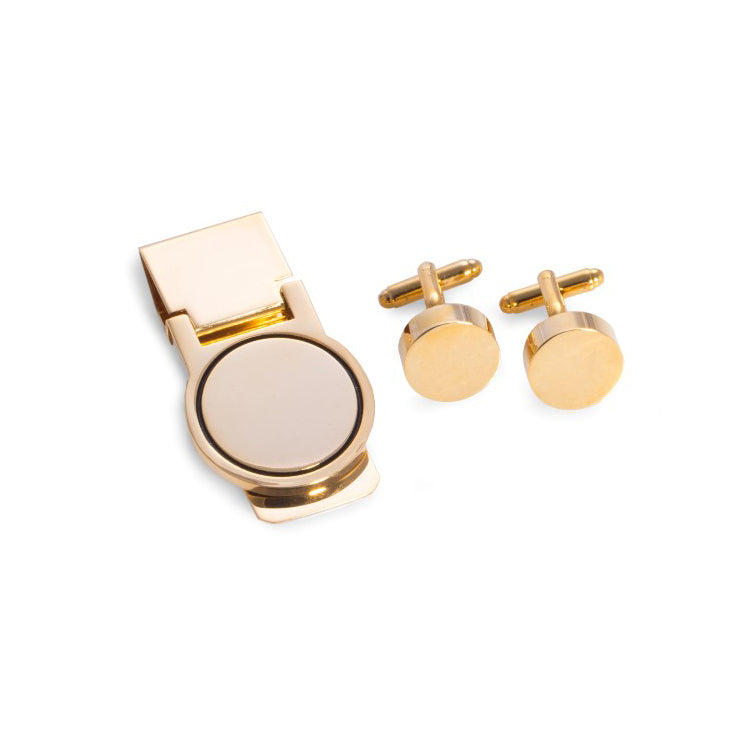 Occasion Gallery Gold Color Gold Plated Circular Design Cufflink & Money Clip Set. 0.5 L x 0.5 W x 1 H in.