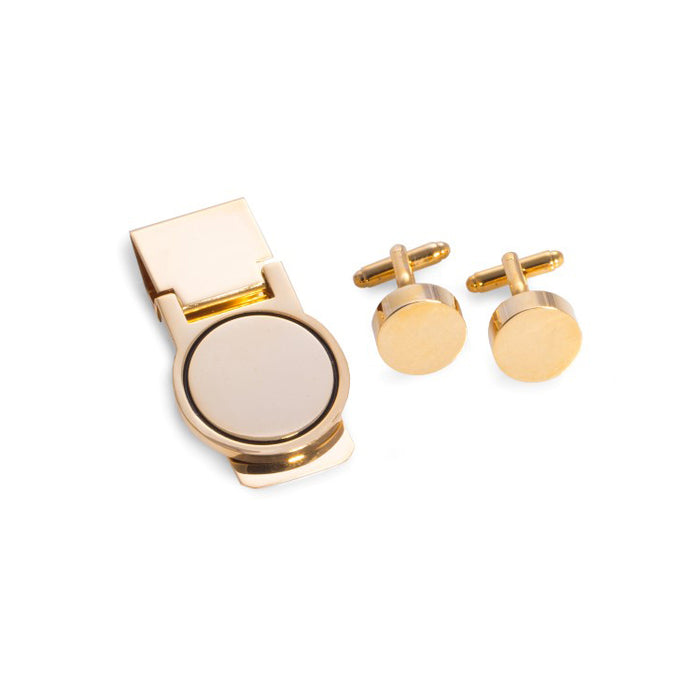 Occasion Gallery Gold Color Gold Plated Circular Design Cufflink & Money Clip Set. 0.5 L x 0.5 W x 1 H in.