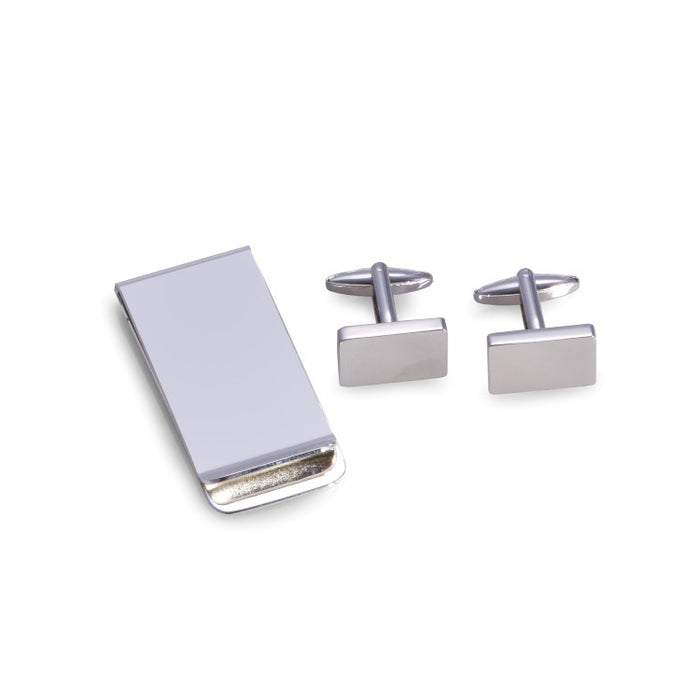 Occasion Gallery Silver Color Silver Plated Rectangular Design Cufflinks & Money Clip Set. 0.75 L x 0.5 W x 1 H in.