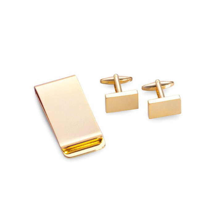 Occasion Gallery Gold Color Gold Plated Rectangular Design Cufflinks & Money Clip Set. 0.75 L x 0.5 W x 1 H in.