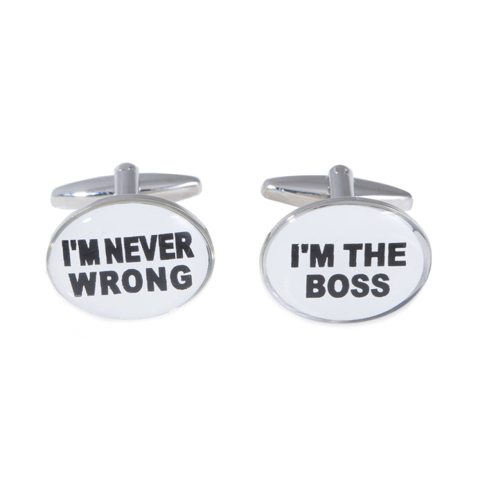 Occasion Gallery White Color Rhodium Plated Cufflinks with I'm The Boss & I'm Never Wrong. 0.75 L x 1 W x  H in.
