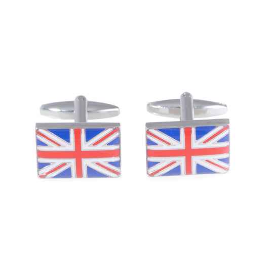 Occasion Gallery Silver Color Rhodium Plated Cufflinks with Union Jack Design. 0.5 L x 0.75 W x 1 H in.