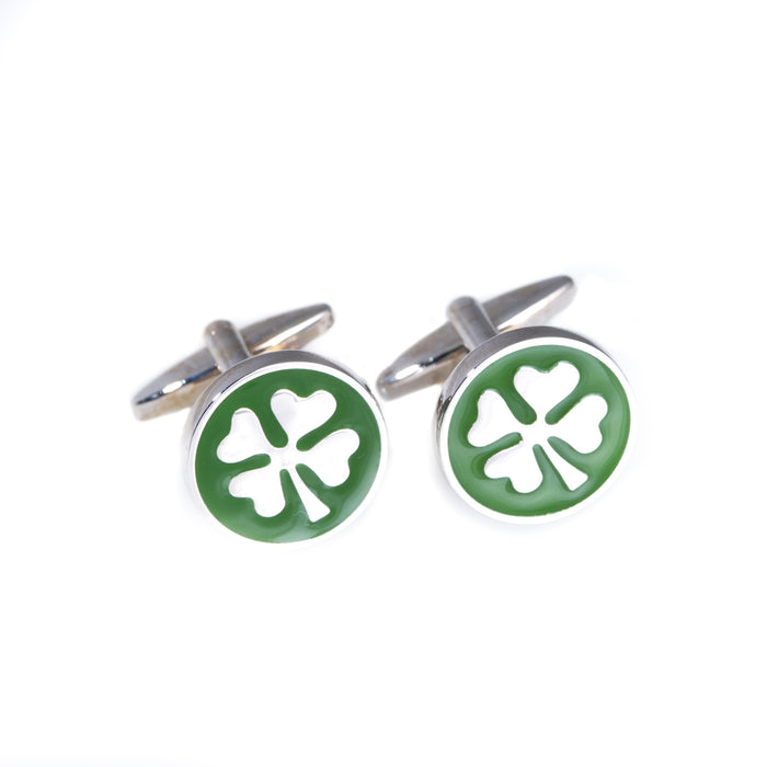 Occasion Gallery Silver Color Rhodium Plated Cufflinks with Green Enamel Four Leaf Clover. 0.75 L x 0.75 W x 1 H in.