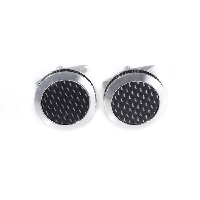 Occasion Gallery Black/Gray Color Rhodium Plated  Cufflinks with Round "Carbon Fiber" Design. 1 L x 0.5 W x 0.5 H in.