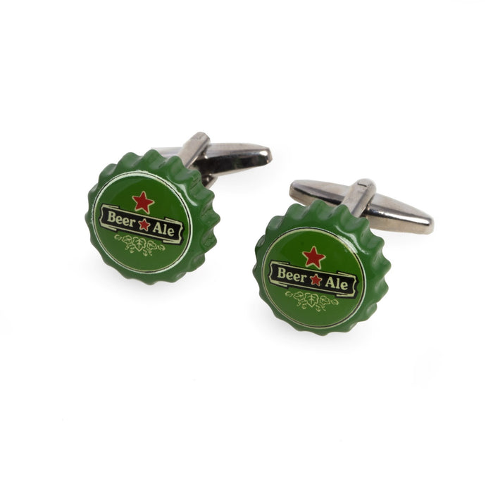 Occasion Gallery SILVER/GREEN Color "Beer Cap" Rhodium Plated Cufflinks 1 L x 0.5 W x 1 H in.