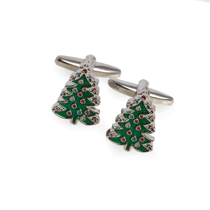Occasion Gallery SILVER/GREEN Color "Christmas Tree" Rhodium Plated Cufflinks 1 L x 0.5 W x 1 H in.