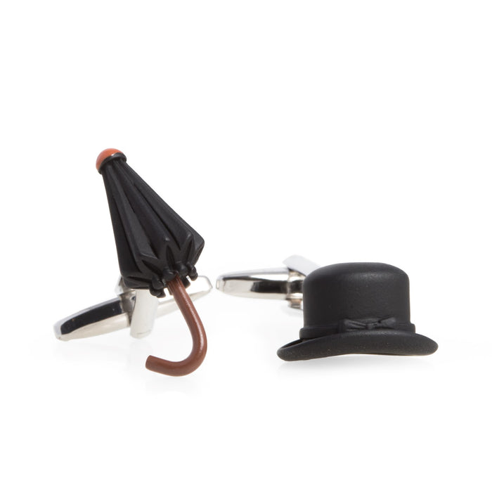 Occasion Gallery SILVER/BLACK Color "Melon Hat & Umbrella" Rhodium Plated Cufflinks 1 L x 0.5 W x 1 H in.