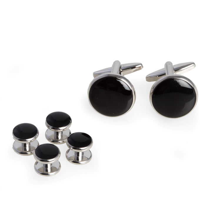 Occasion Gallery SILVER/BLACK Color Black Enameled, Rhodium Plated Cufflinks & Studs Set 1 L x 0.5 W x 1 H in.