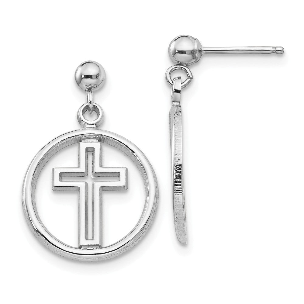 Million Charms 14k White Gold Polished Eternal Life Cross Dangle Post Earrings, 21mm x 13mm