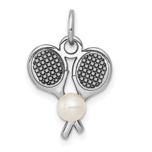 Million Charms 14K White Gold Themed Sports Tennis Racquets With Cultured Charm