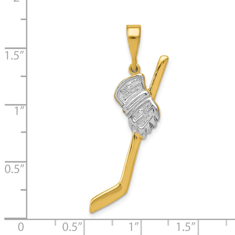 Million Charms 14K Yellow Gold Themed, Rhodium-plated Solid Polished Sports Hockey Stick Pendant