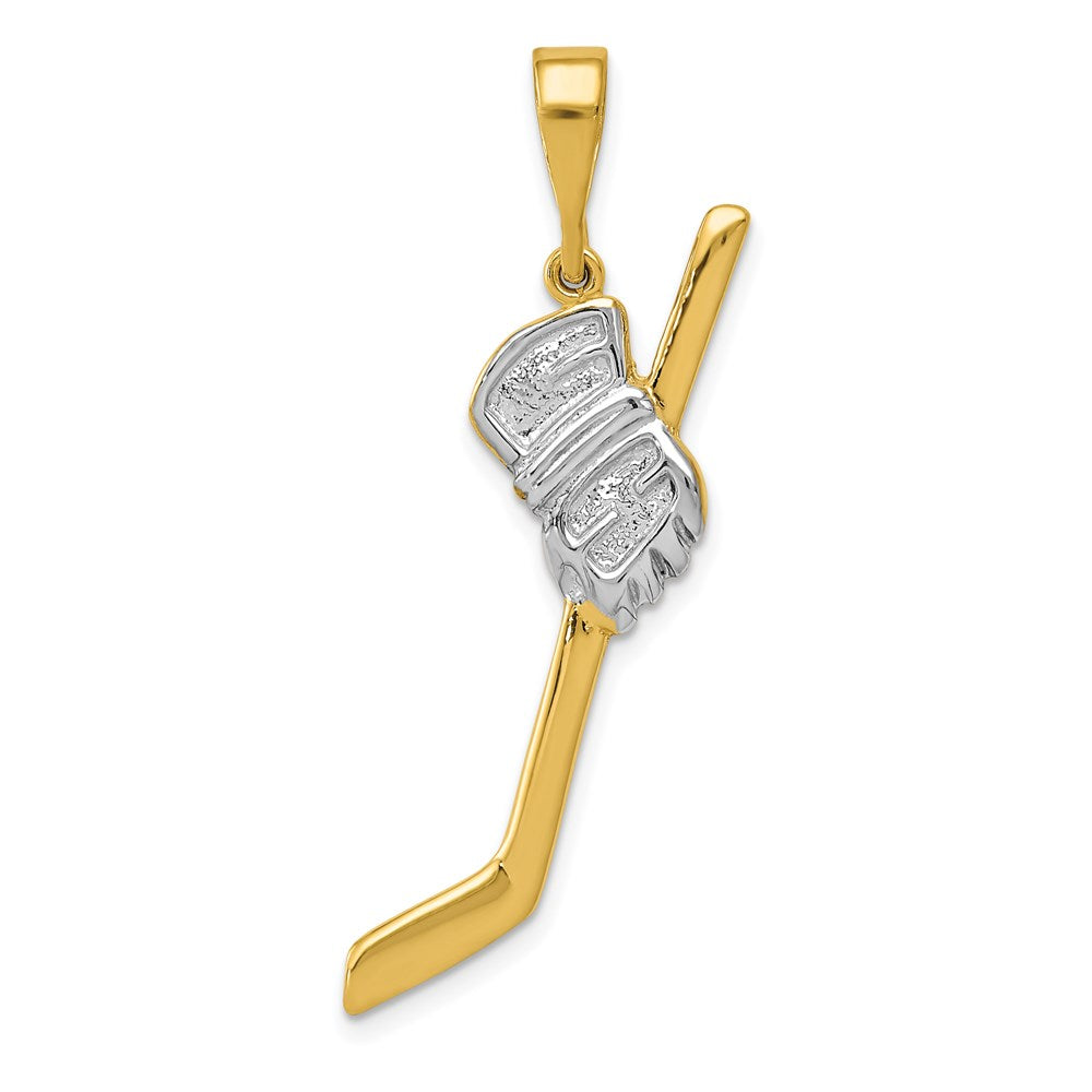 Million Charms 14K Yellow Gold Themed, Rhodium-plated Solid Polished Sports Hockey Stick Pendant