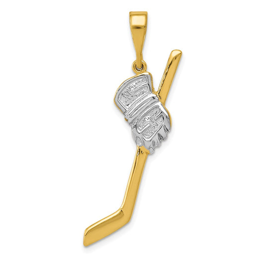 Million Charms 14K Yellow Gold Themed, Rhodium-plated Solid Polished Sports Hockey Stick Pendant