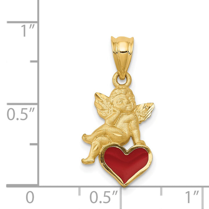 Million Charms 14K Yellow Gold Themed Enameled Angel On Heart Pendant