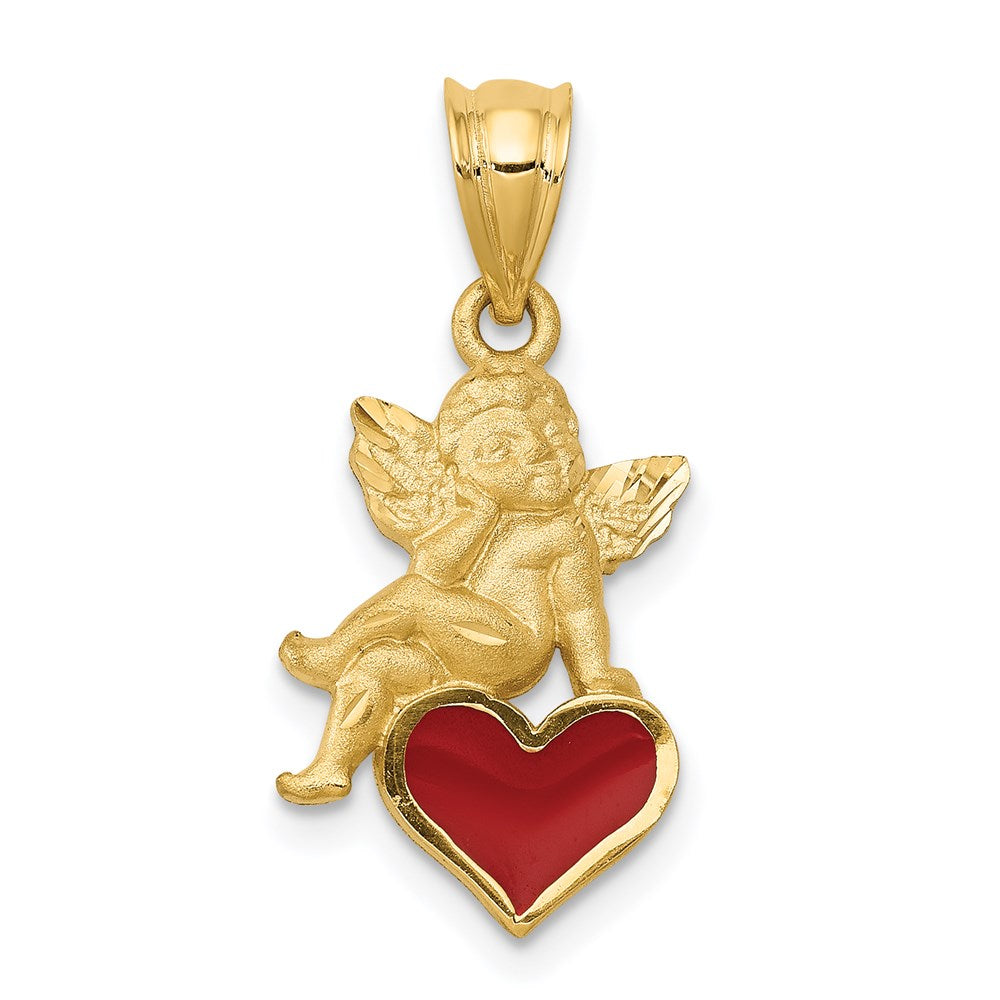 Million Charms 14K Yellow Gold Themed Enameled Angel On Heart Pendant