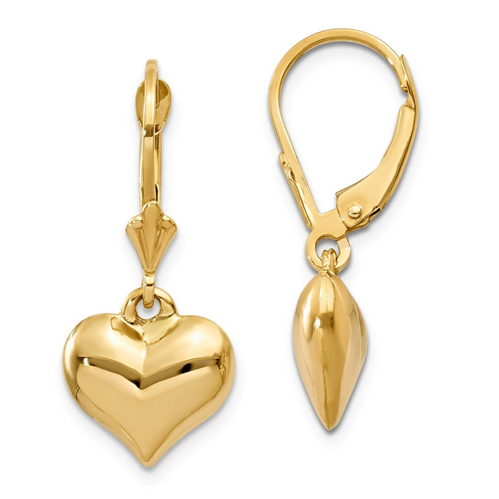 Million Charms 14k Yellow Gold Puff Heart Leverback Earrings, 27mm x 11mm