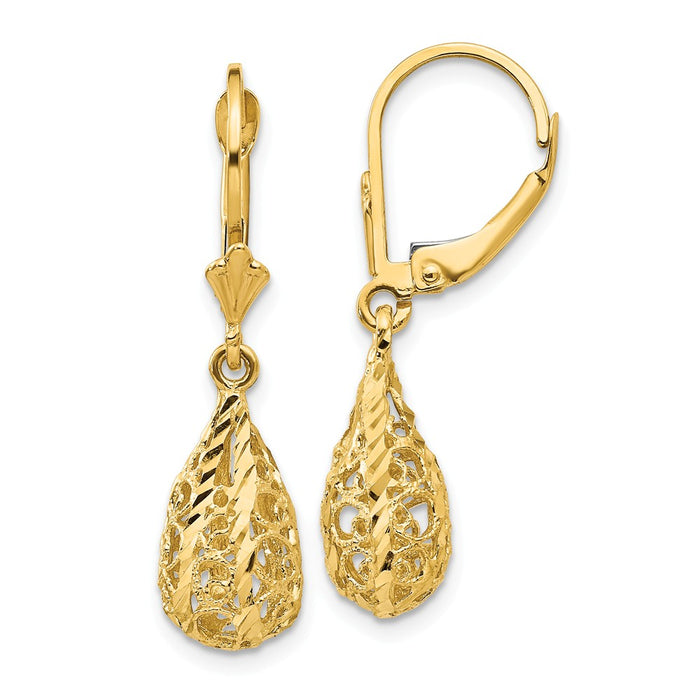 Million Charms 14k Yellow Gold Polished & Diamond-Cut Filigree Dangle Leverback Earrings, 30mm x 7mm