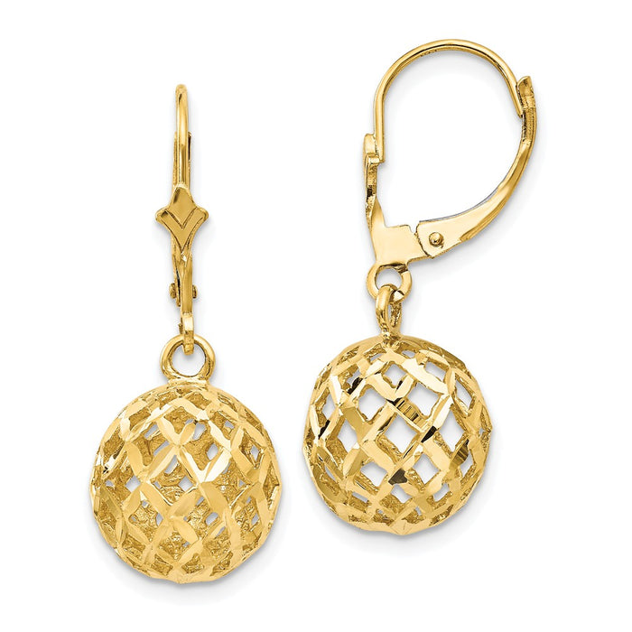 Million Charms 14k Yellow Gold Polished & Diamond-Cut Mesh Ball Dangle Leverback Earrings, 29mm x 12mm