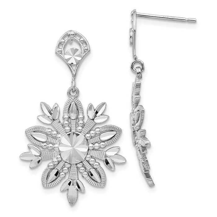 Million Charms 14k White Gold Snowflake Dangle Earrings, 31mm x 18mm