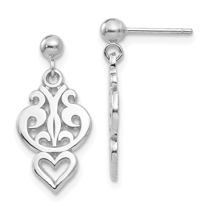 Million Charms 14k White Gold Filigree Heart Dangle Earrings, 20mm x 9mm