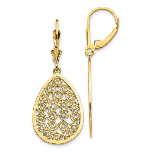 Million Charms 14k Yellow Gold Teardrop Filigree Dangle Leverback Earrings, 41mm x 16mm