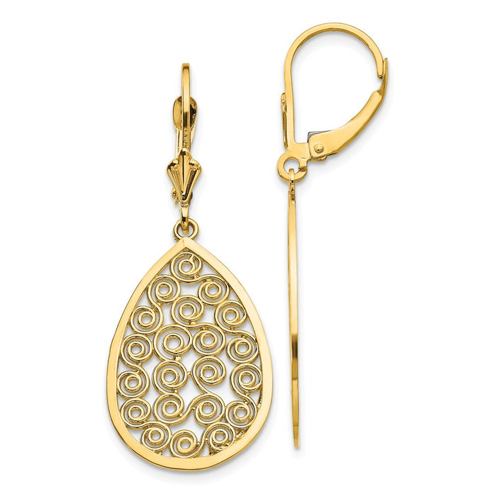 Million Charms 14k Yellow Gold Teardrop Filigree Dangle Leverback Earrings, 41mm x 16mm